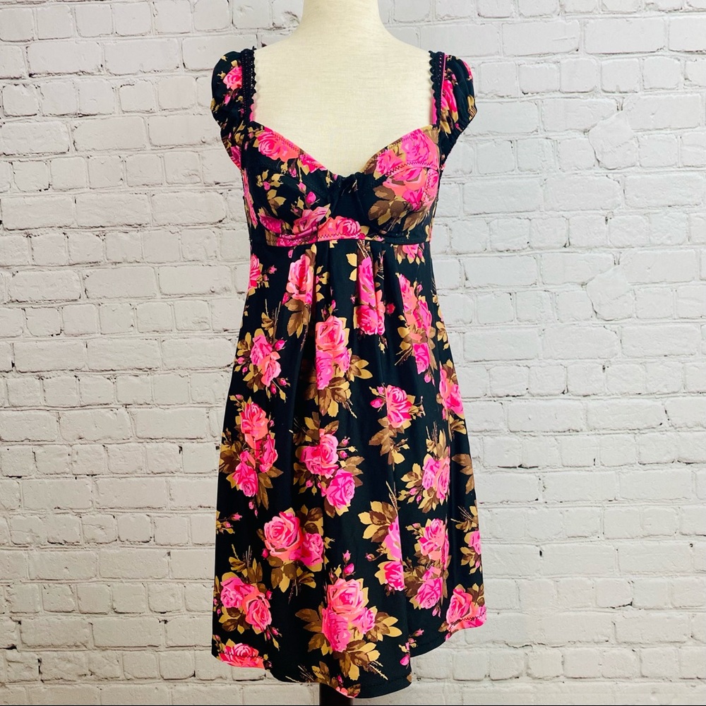 Betsy Johnson Pink Roses Black Swim Cover Up Dress